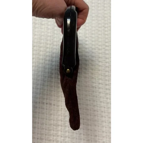 VINTAGE suede clutch purse hinged opening lucite closure burgundy merlot OS - Picture 5 of 14